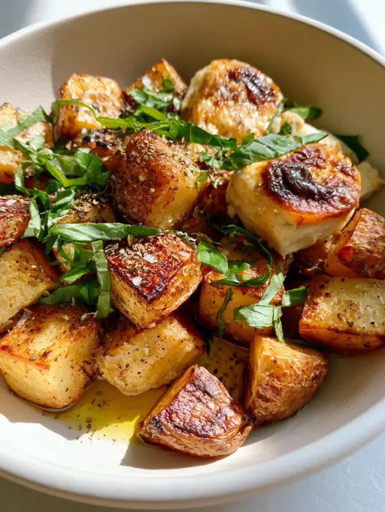 Baked Feta Roast Potatoes with Crispy Golden Edges 1 Top-down view of roasted cuboid potatoes with softened feta and fresh basil in a white bowl. (Baked Feta Roast Potatoes)