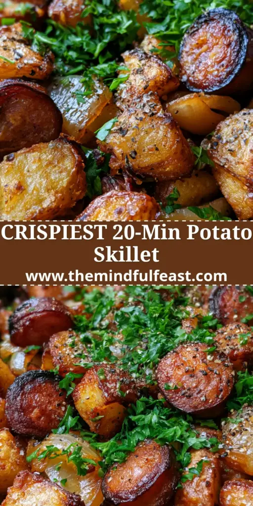 Fried Potatoes Onions and Sausage: The Ultimate Crispy Skillet 4 A rustic cast iron skillet filled with crispy fried potatoes onions and sausage topped with fresh parsley and black pepper.