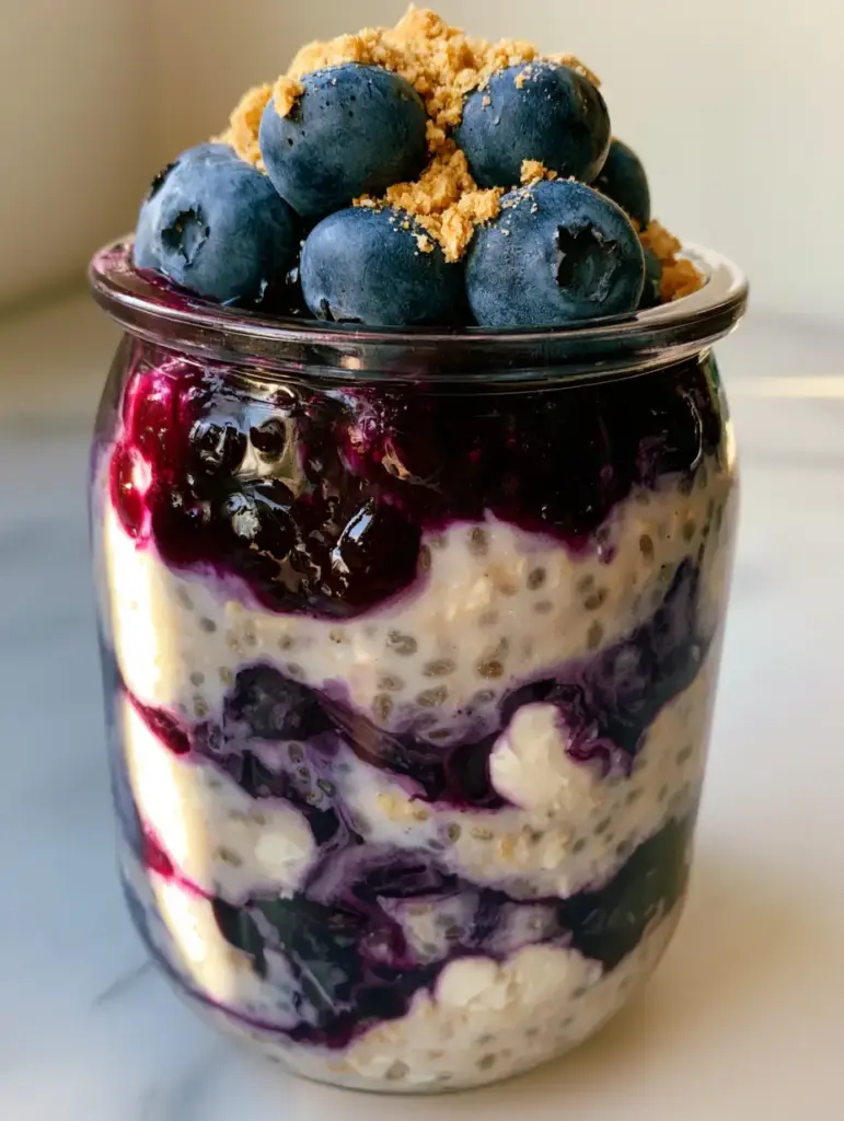 Blueberry Overnight Oats with Creamy Cheesecake Layers and Compote 1 Overhead view of a wide-mouth jar of Blueberry Overnight Oats topped with plump blueberries and golden graham cracker crumbs.