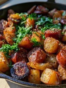 Extreme close-up of crunchy golden potato cubes and seared kielbasa in a skillet. (fried potatoes onions and sausage)