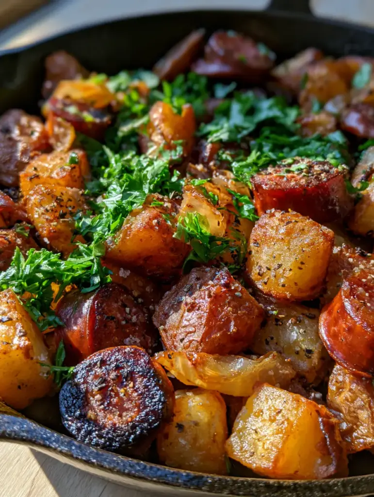 Fried Potatoes Onions and Sausage: The Ultimate Crispy Skillet 2 Extreme close-up of crunchy golden potato cubes and seared kielbasa in a skillet. (fried potatoes onions and sausage)