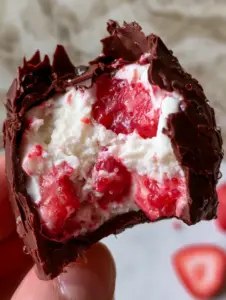 Extreme macro close-up of Chocolate Strawberry Frozen Yogurt Bites showing the jaggedly cracked chocolate shell and condensation droplets.