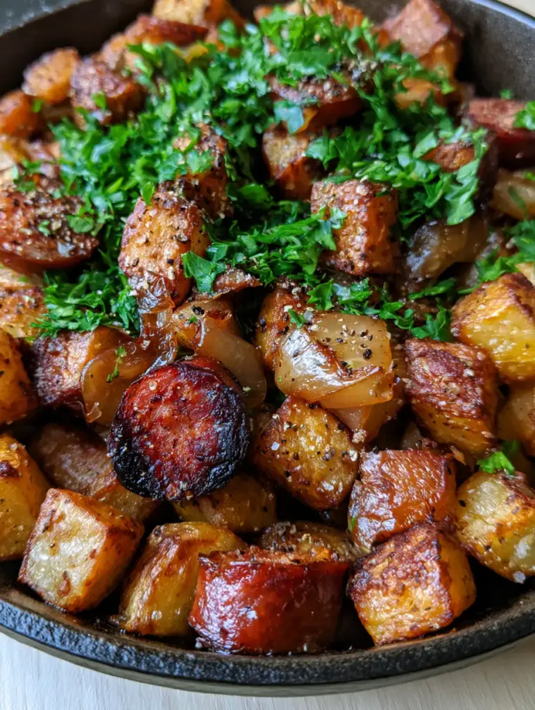 Fried Potatoes Onions and Sausage: The Ultimate Crispy Skillet 1 A top-down view of honey-colored onions and seared sausage rounds mixed with fried potatoes.