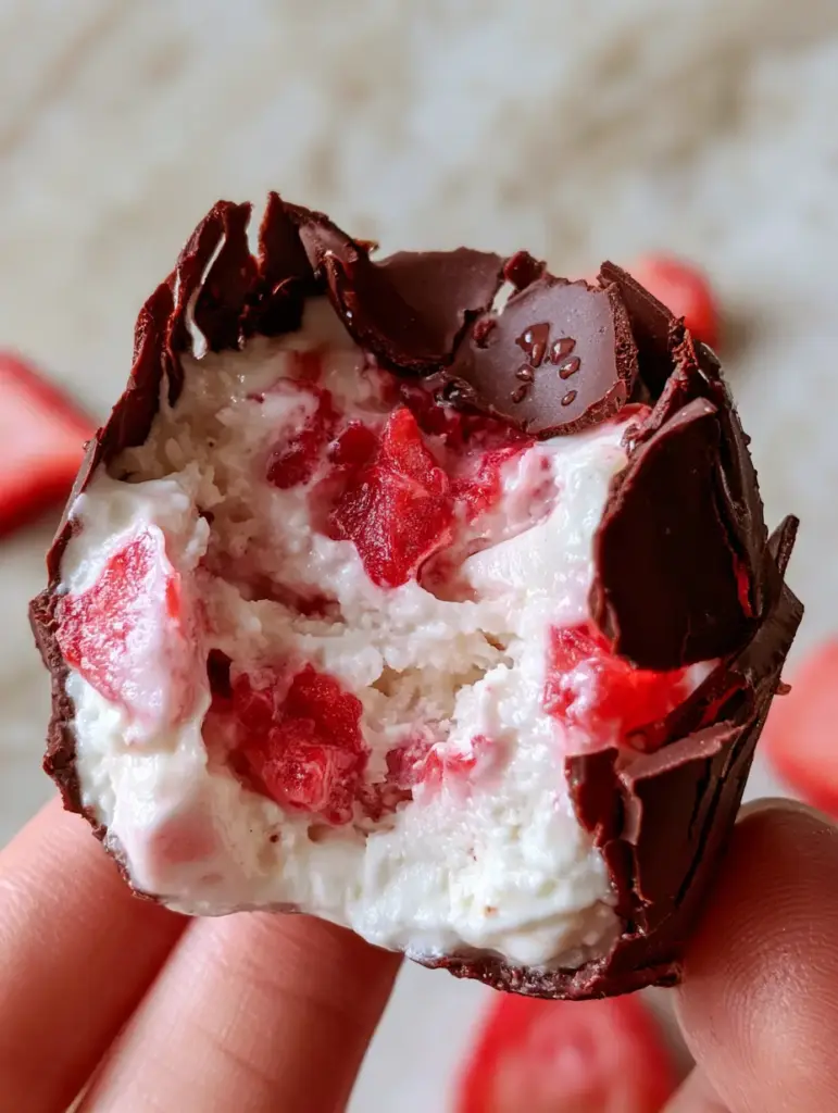 Chocolate Strawberry Frozen Yogurt Bites with a Crackly Dark Chocolate Shell 1 Detailed view of the internal layers of Chocolate Strawberry Frozen Yogurt Bites with bright red strawberry chunks and white Greek yogurt.