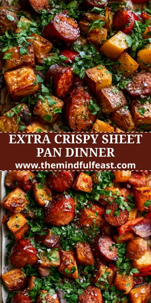 An overhead shot of a sheet pan meal featuring oven roasted smoked sausage and potatoes with charred edges and fresh parsley.