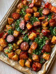 Close up of blistered Yukon gold potatoes and mahogany charred kielbasa rounds on crumpled parchment paper. (oven roasted smoked sausage and potatoes)