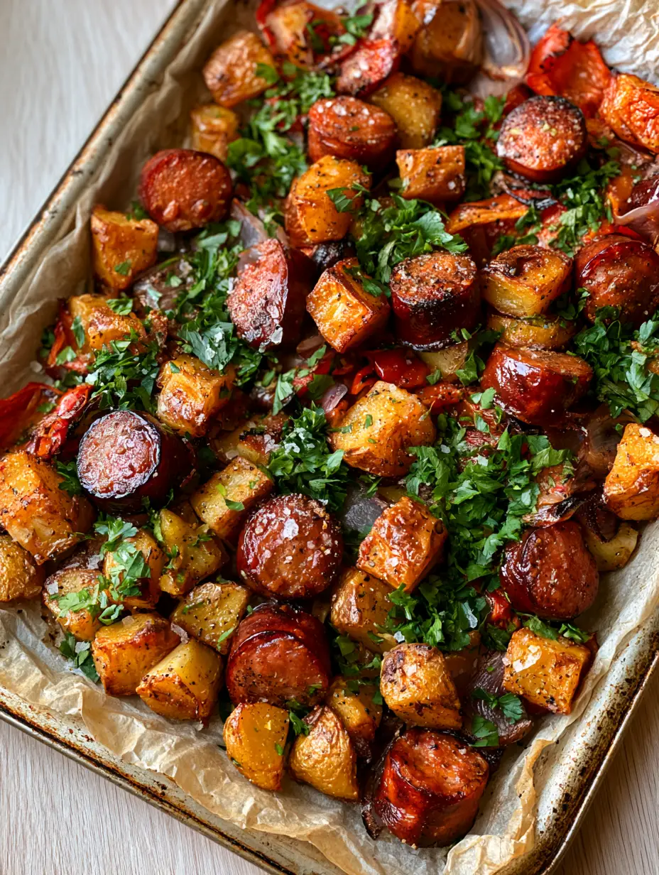 Close up of blistered Yukon gold potatoes and mahogany charred kielbasa rounds on crumpled parchment paper. (oven roasted smoked sausage and potatoes)
