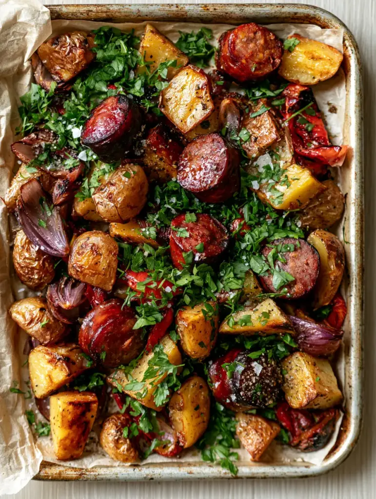 Overhead view of a metallic baking sheet overflowing with roasted kielbasa, red peppers, and onions.