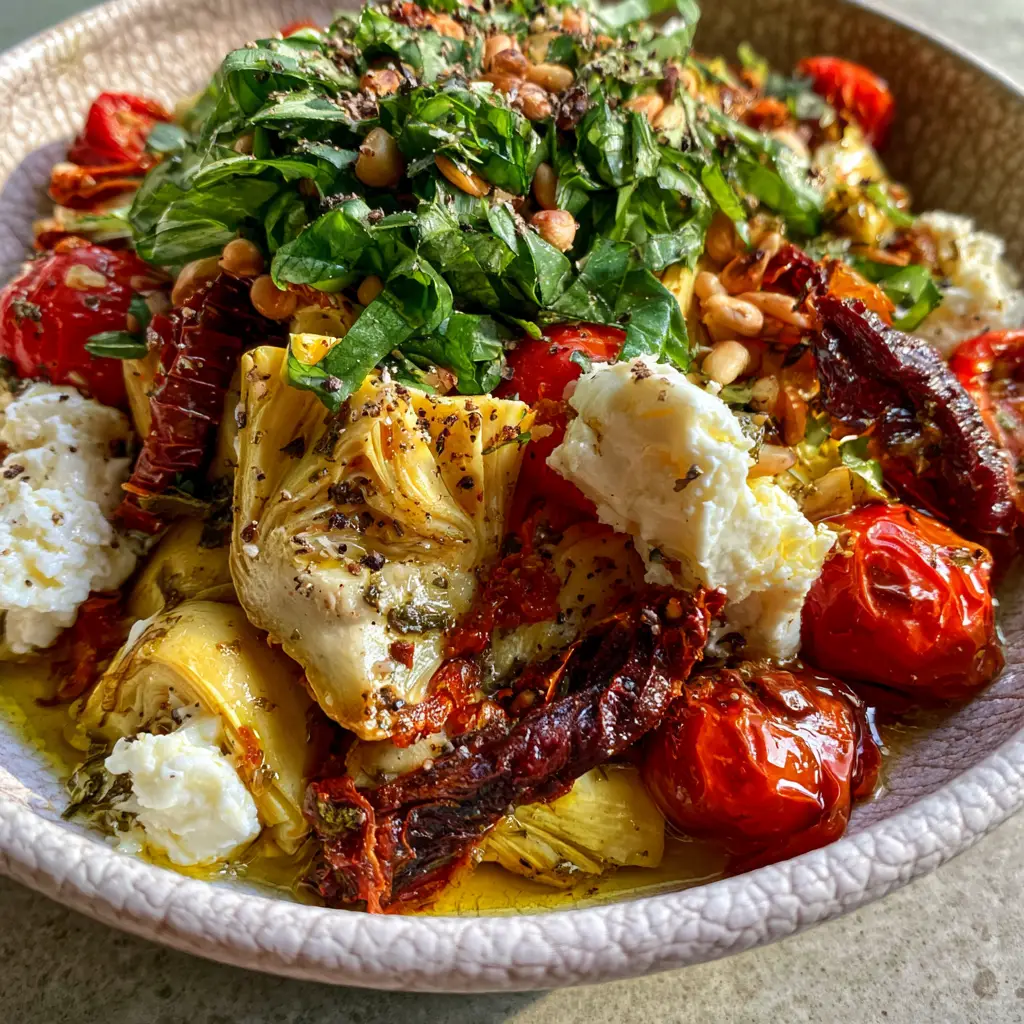 A shallow depth of field shot of the Tuscan artichoke tomato salad, focusing on the creamy feta crumbles and toasted pine nuts.