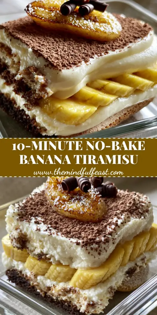 A tall slice of banana pudding tiramisu in a glass dish showing layers of espresso ladyfingers, bananas, and cream.