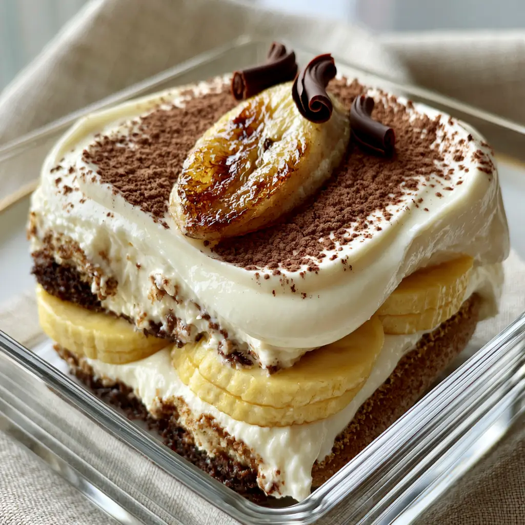 Close-up shot of a pristine slice of banana pudding tiramisu in a transparent glass dish with cocoa powder and chocolate curls.