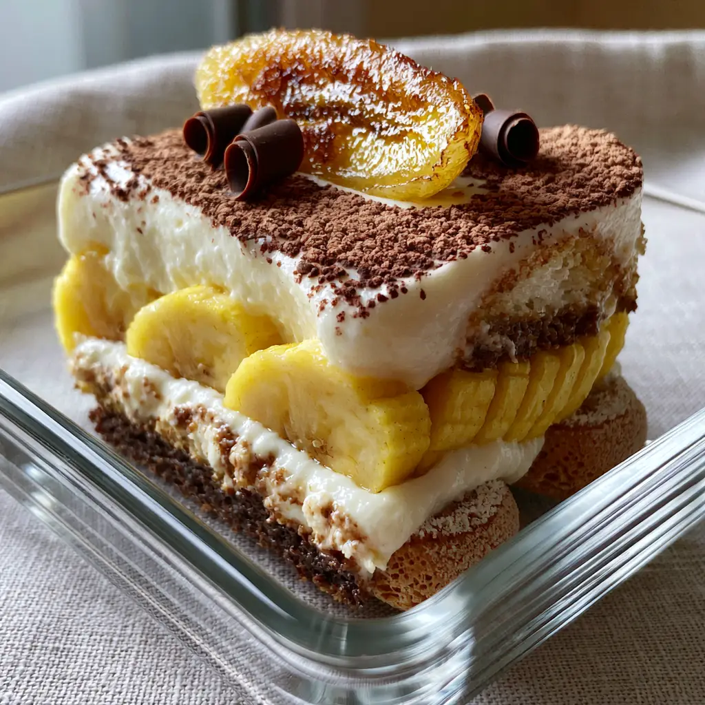 Overhead view of banana pudding tiramisu showing the cocoa dusting and caramelized banana garnish.