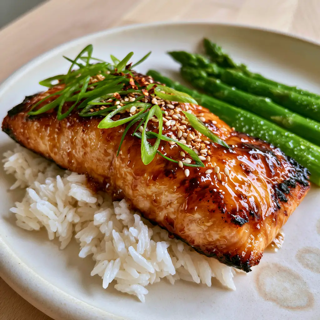 Honey Glazed Salmon with Sticky Garlic Sauce and Snap-Crisp Asparagus 2 Macro shot of a succulent Atlantic salmon fillet with bubbling honey garlic glaze and sesame seeds. (honey glazed salmon)