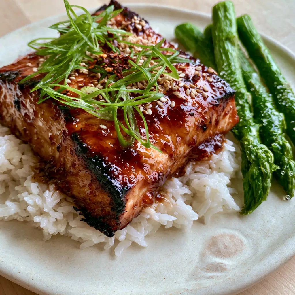 Honey Glazed Salmon with Sticky Garlic Sauce and Snap-Crisp Asparagus 1 Handheld photo of honey glazed salmon on a bed of jasmine rice with vibrant green asparagus stalks.