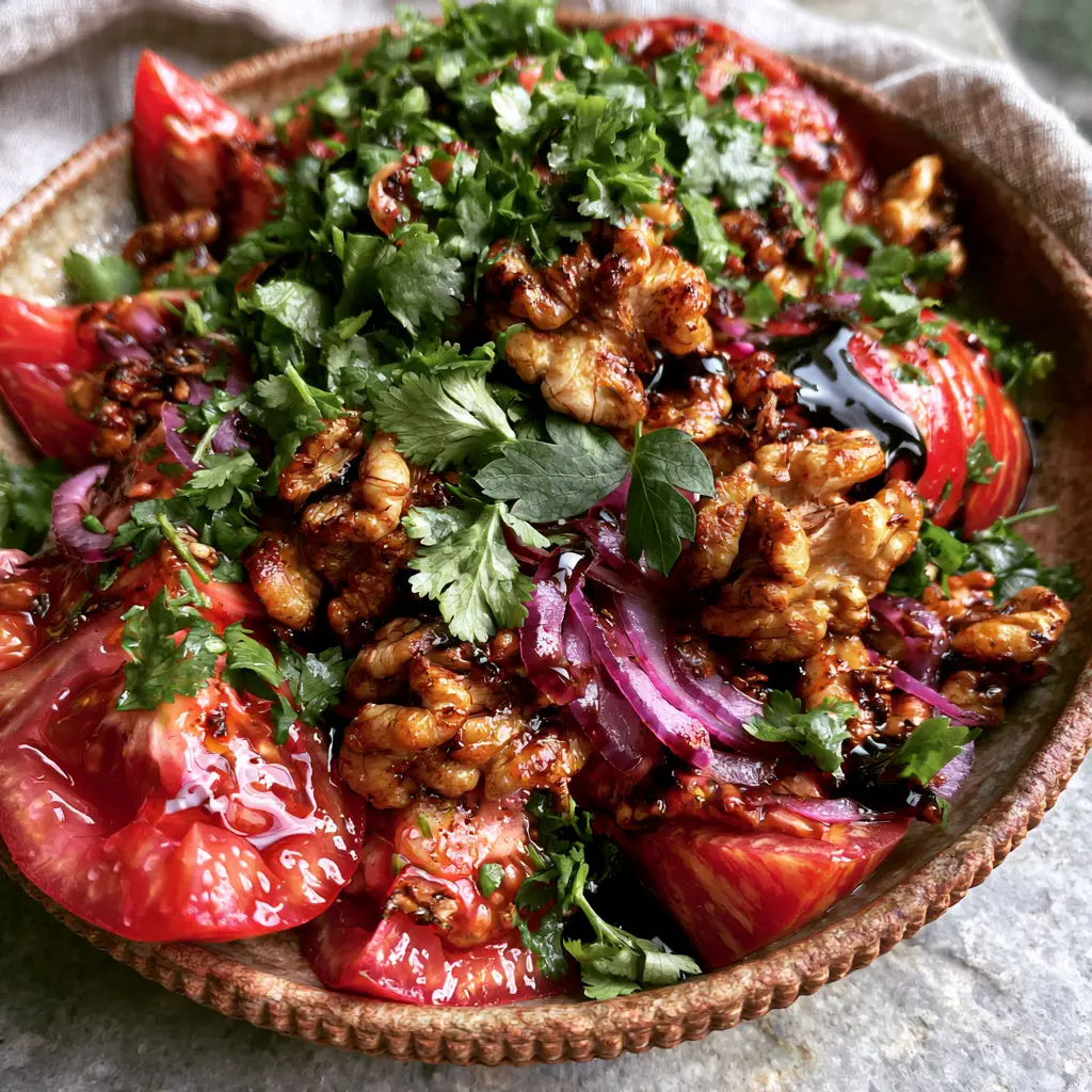 Tomato and Walnut Salad: A Vibrant Georgian-Inspired Heirloom Masterpiece 2 Extreme macro view of glistening heirloom tomato wedges and toasted walnuts in a Tomato and Walnut Salad.