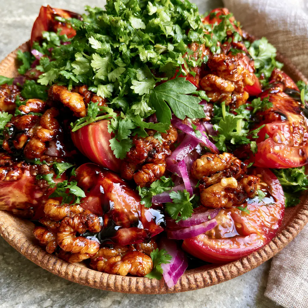 Tomato and Walnut Salad: A Vibrant Georgian-Inspired Heirloom Masterpiece 1 Detailed close-up of glossy balsamic glaze pooling on a Tomato and Walnut Salad with fresh green herbs.