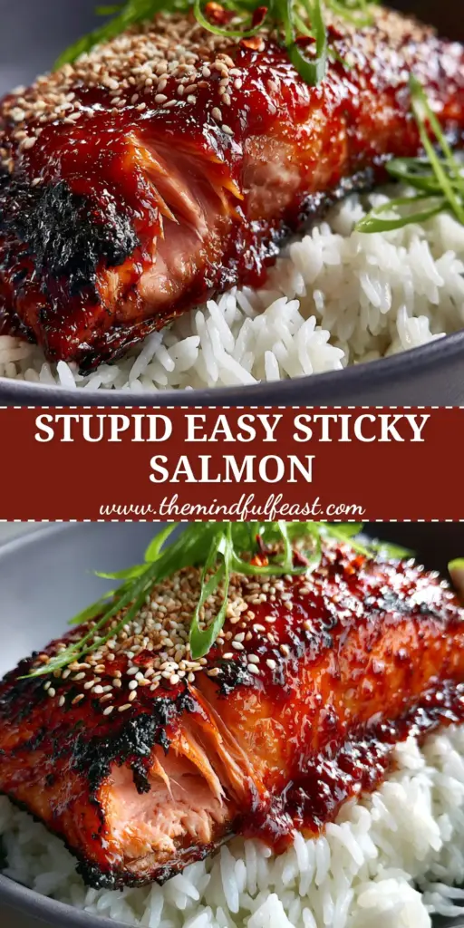 Gochujang Honey Glazed Salmon with Charred Edges and Fluffy Jasmine Rice 4 A close-up vertical shot of gochujang honey glazed salmon with bubbling sauce and charred edges over white rice.