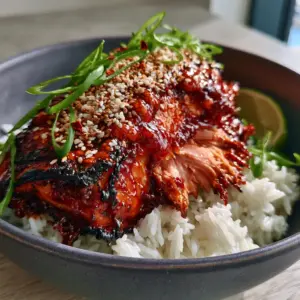 Detailed close-up of a succulent gochujang honey glazed salmon fillet flaking open to reveal moist pink meat.