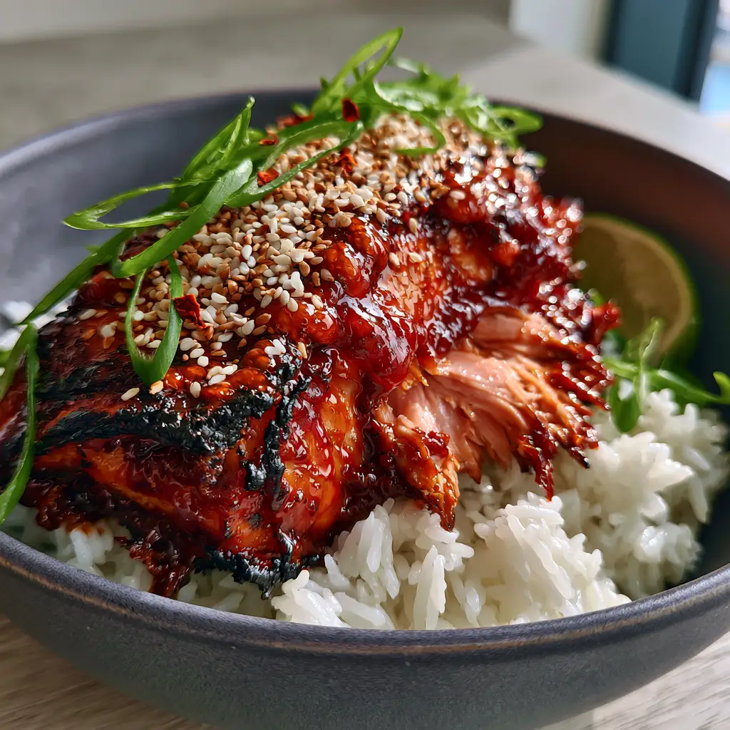 Gochujang Honey Glazed Salmon with Charred Edges and Fluffy Jasmine Rice 2 Detailed close-up of a succulent gochujang honey glazed salmon fillet flaking open to reveal moist pink meat.