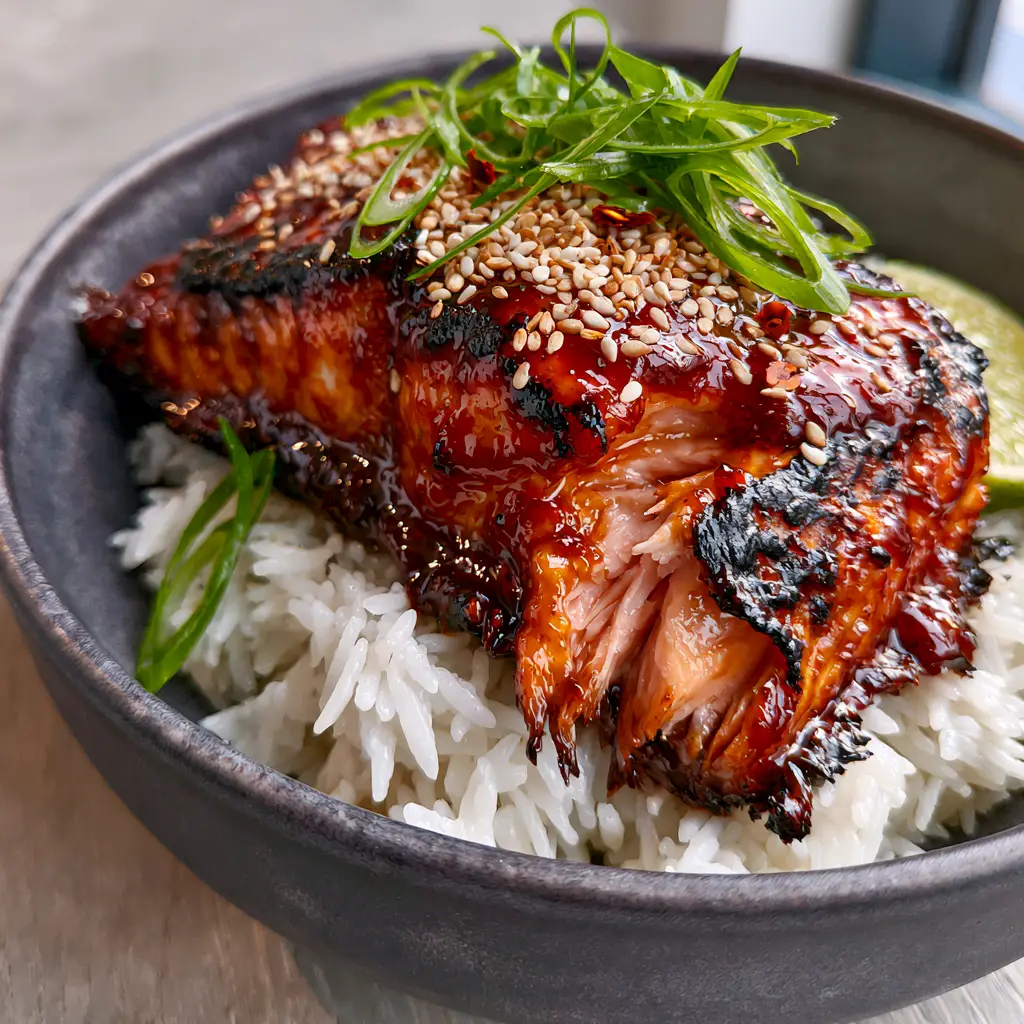 Gochujang Honey Glazed Salmon with Charred Edges and Fluffy Jasmine Rice 1 A smartphone-style photo of the gochujang honey glazed salmon bowl showing the matte charcoal bowl and wooden table background.