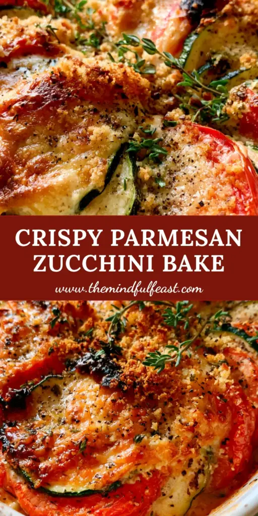A vertical handheld smartphone photo of a Crispy Parmesan Tomato Zucchini Bake in a white ceramic baking dish with golden charred edges and fresh thyme.