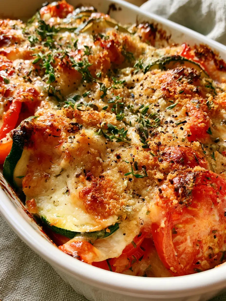 Close-up of shingled layers of green zucchini and red tomatoes under a bubbling parmesan cheese crust. (Parmesan Tomato Zucchini Bake)