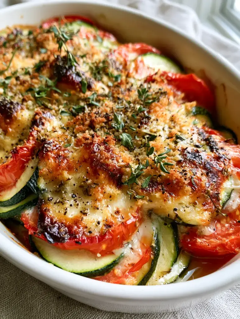 A golden-brown parmesan and breadcrumb topping over roasted zucchini and tomatoes in a white dish. (Parmesan Tomato Zucchini Bake)