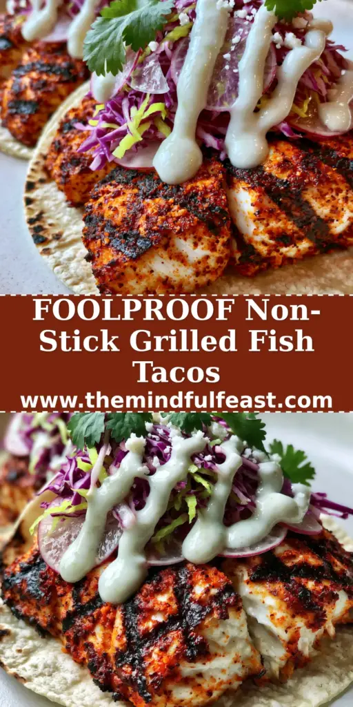 Grilled Fish Tacos with Chili-Lime Mahi Mahi and Charred Corn Tortillas 3 Three gourmet grilled fish tacos with dark grill marks, purple cabbage, and lime crema drizzle on a white plate. (grilled fish tacos)