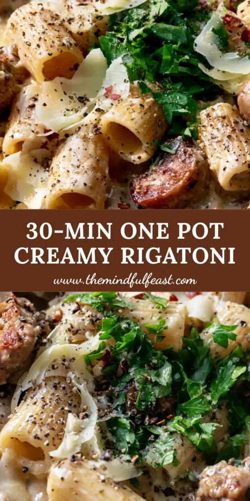 A top-down view of a cast iron skillet filled with creamy rigatoni with italian sausage, garnished with parsley and parmesan ribbons.