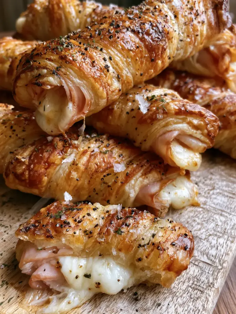 Ham and Cheese Sticks: The Ultimate Flaky Puff Pastry Snack 2 Macro close-up of ham and cheese sticks showing flaky golden layers and bubbly mozzarella. (ham and cheese sticks)