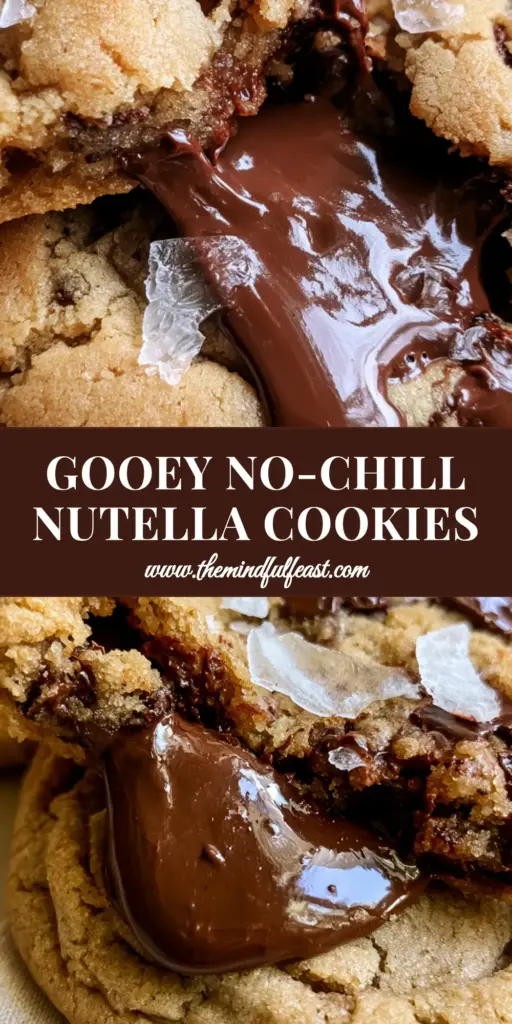 Nutella Stuffed Cookies with Brown Butter and Sea Salt 4 A close-up of a broken nutella stuffed cookies showing the molten chocolate center and golden crinkled dough.