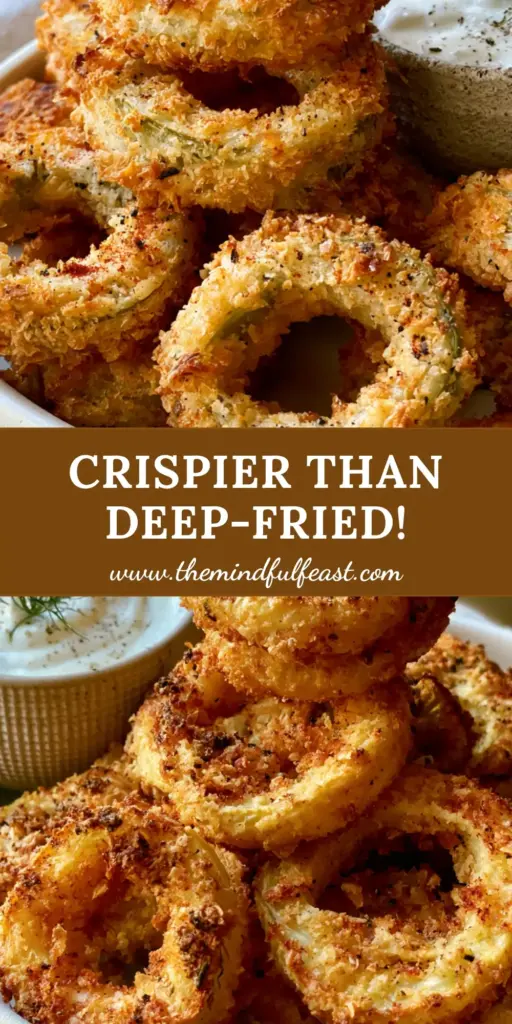 A stack of golden-brown air fryer banana peppers in a cream bowl with a side of ranch dipping sauce garnished with dill.