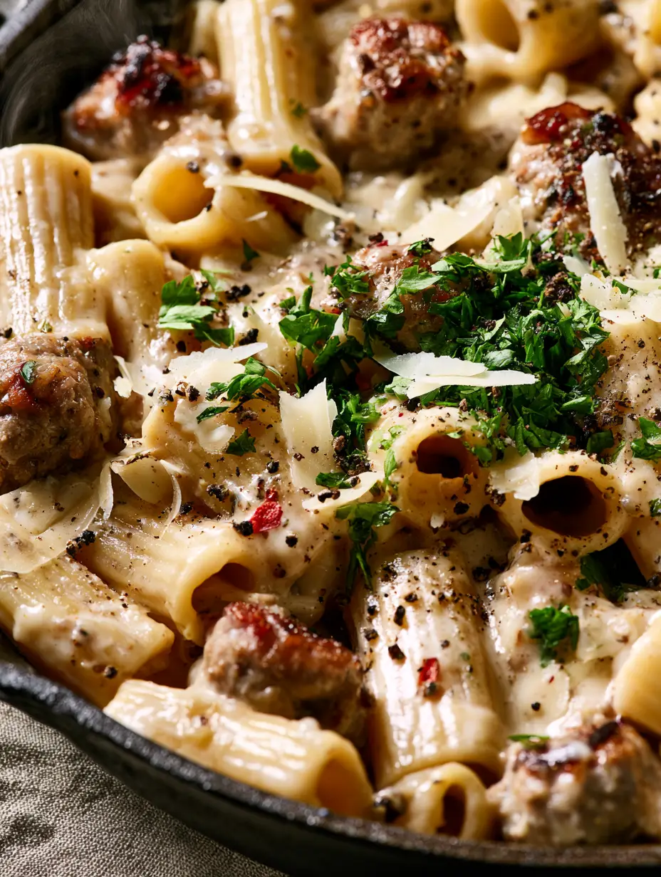 Macro close-up of glossy white garlic cream sauce clinging to rigatoni pasta with seared sausage chunks. (creamy rigatoni with italian sausage)