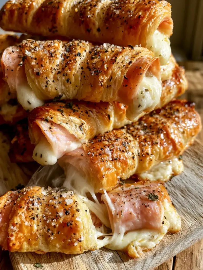 Ham and Cheese Sticks: The Ultimate Flaky Puff Pastry Snack 1 Broken puff pastry stick revealing a stretchy cheese pull and rising steam vapors.
