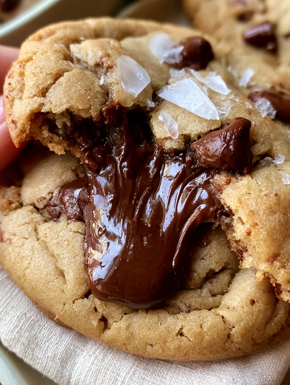 Nutella Stuffed Cookies with Brown Butter and Sea Salt 3 Macro photo of a warm thick nutella stuffed cookies being broken in half with a mahogany lava drip.