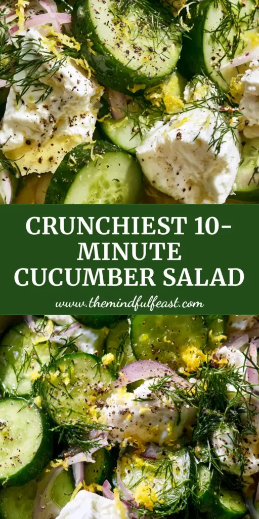 Cucumber Feta Salad with Zesty Lemon Vinaigrette and Fresh Herbs 4 A high-angle close-up of a Cucumber feta salad in a ceramic bowl, featuring crisp cucumbers, large chunks of feta, and fresh dill garnish.