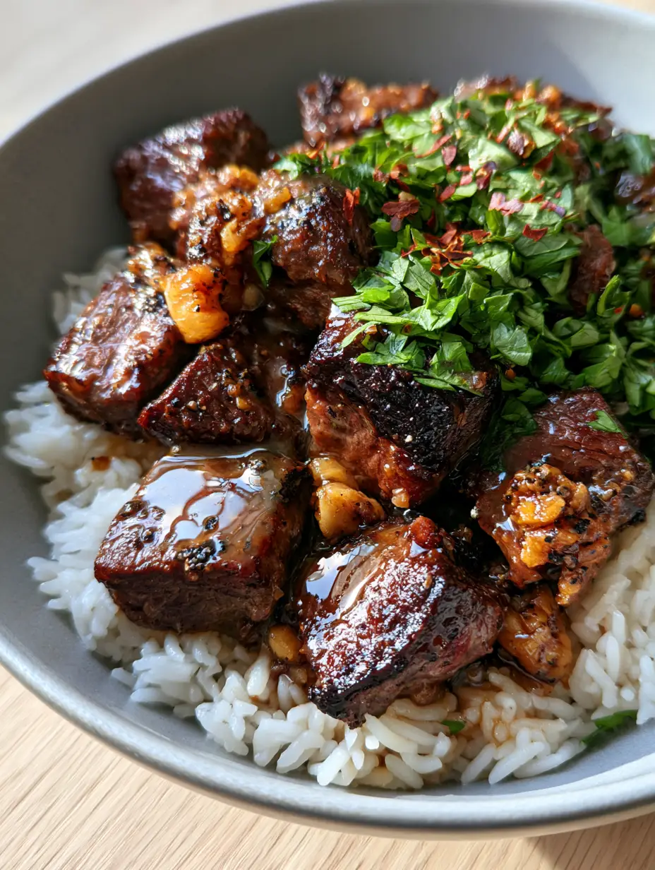 Garlic Butter Beef and Rice: The Ultimate 20-Minute Skillet Steak Bites 3 Juicy garlic butter steak bites with caramelized edges served over fluffy white rice in a matte ceramic bowl.