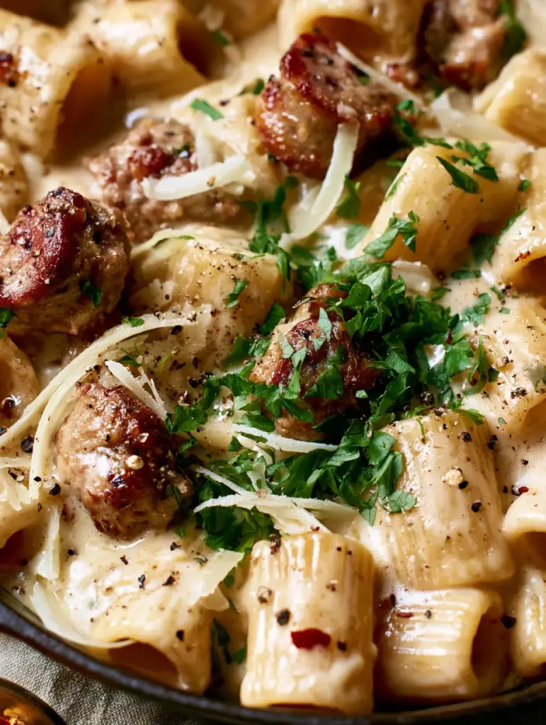 A close-up of a cast iron skillet showing caramelized Italian sausage and emerald-green parsley over creamy rigatoni with italian sausage.