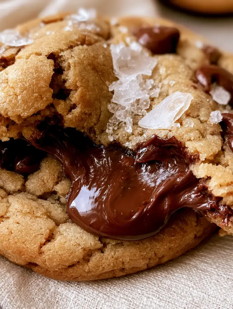 Nutella Stuffed Cookies with Brown Butter and Sea Salt 1 Golden-tan nutella stuffed cookies with large Maldon sea salt flakes and melted chocolate chips.