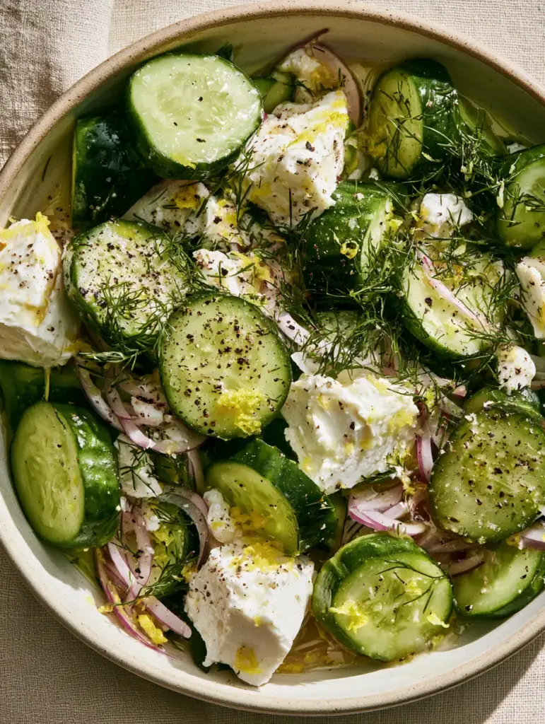Cucumber Feta Salad with Zesty Lemon Vinaigrette and Fresh Herbs 2 Vertical high-angle shot of Cucumber feta salad with glistening lemon dressing and vibrant green herbs in an artisanal bowl.