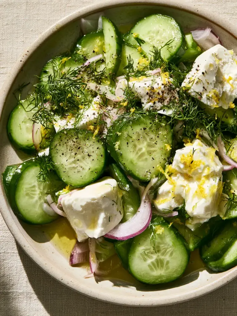 Cucumber Feta Salad with Zesty Lemon Vinaigrette and Fresh Herbs 1 Close-up of rustic feta chunks and thin red onion slivers in a Cucumber feta salad with cracked black pepper.