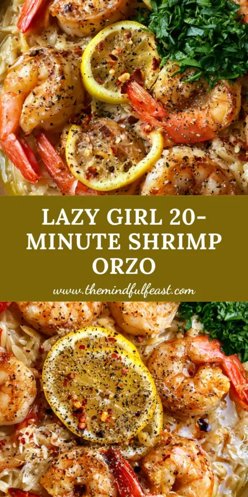 Lemon Garlic Shrimp Orzo: A Restaurant-Quality Pan-Seared Masterpiece 4 A top-down view of a ceramic pan filled with Lemon Garlic Shrimp Orzo, featuring charred jumbo shrimp, lemon wheels, and fresh parsley.