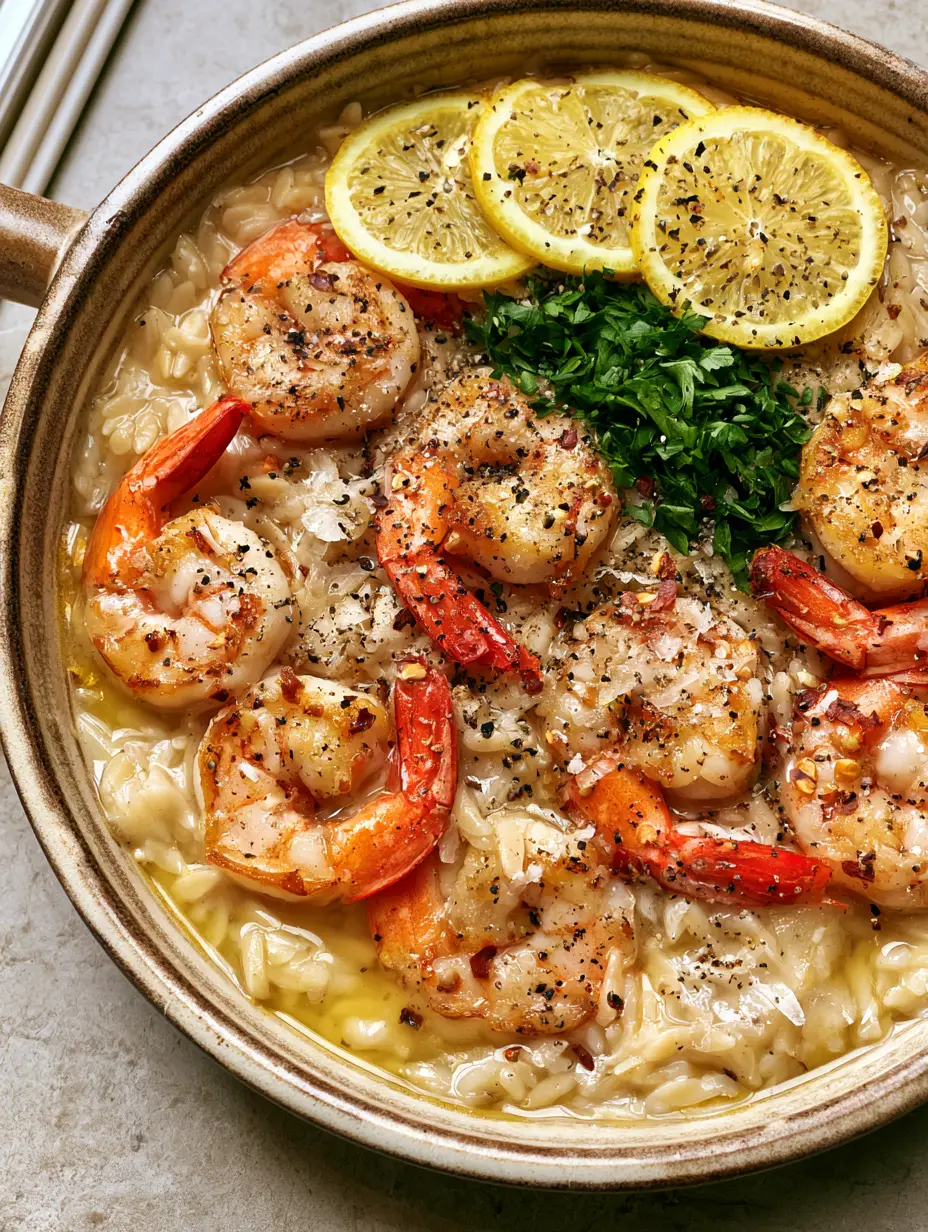 Lemon Garlic Shrimp Orzo: A Restaurant-Quality Pan-Seared Masterpiece 3 Close up shot of al dente orzo glistening in a golden lemon garlic sauce with melting parmesan flakes. (Lemon Garlic Shrimp Orzo)
