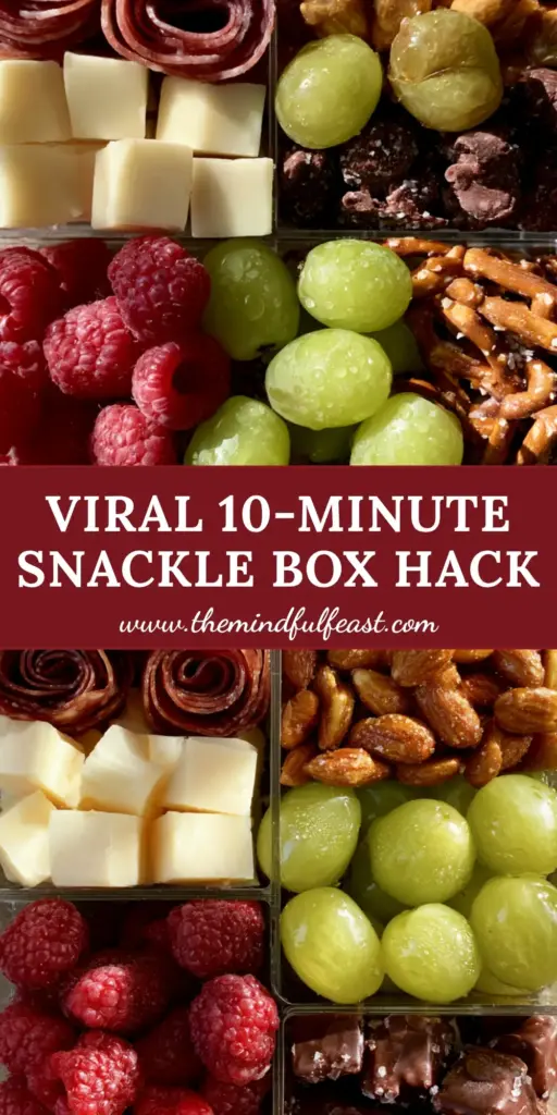 Snackle Box Ideas: How to Build the Ultimate Portable Charcuterie Box 4 A top-down view of a transparent acrylic snackle box filled with salami roses, orange and white cheddar, and glistening grapes. (snackle box ideas)