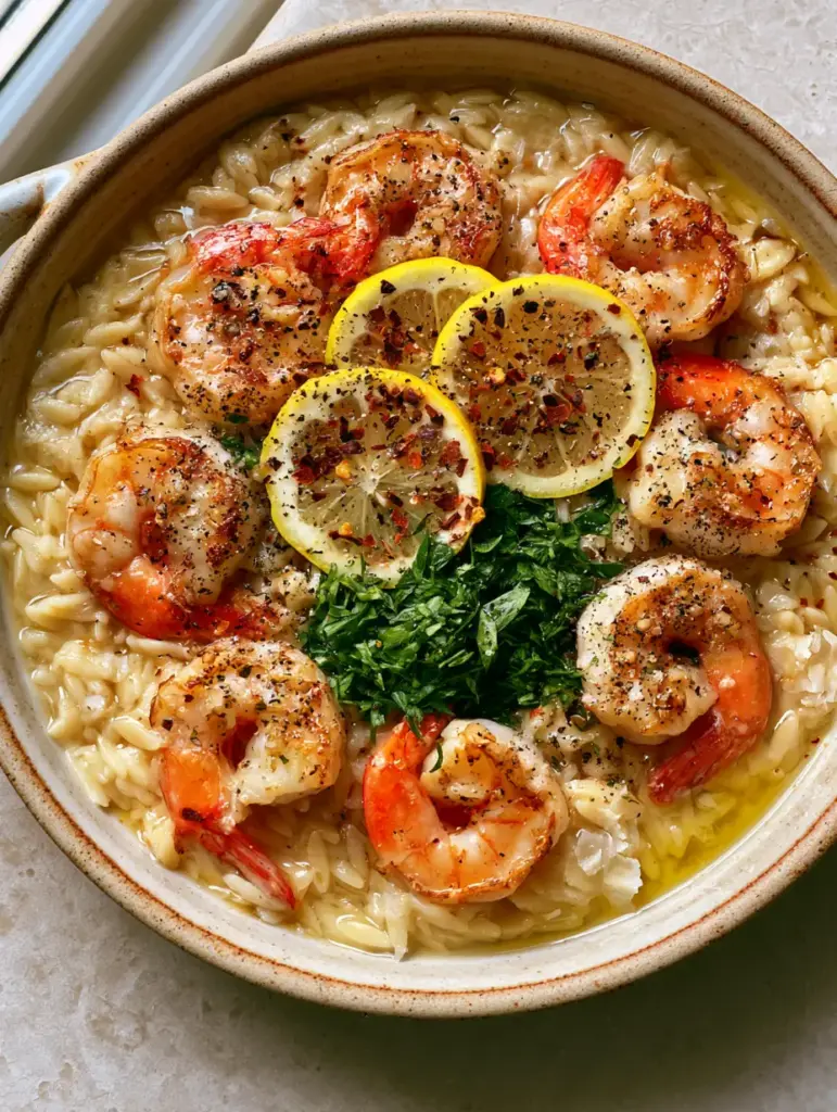Lemon Garlic Shrimp Orzo: A Restaurant-Quality Pan-Seared Masterpiece 1 A rustic pan of Lemon Garlic Shrimp Orzo topped with a mountain of parsley and thin lemon slices.