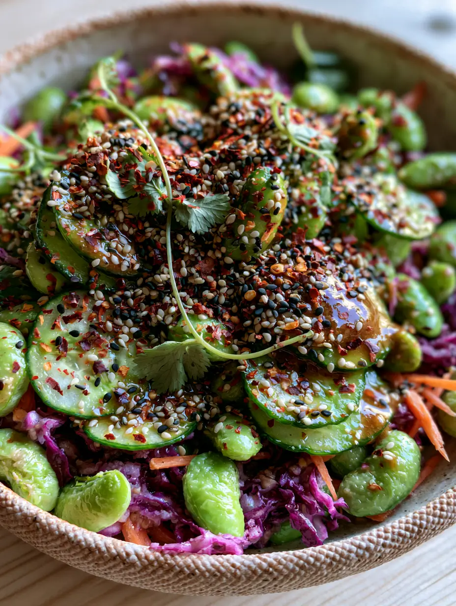 Cucumber Edamame Salad with Glossy Toasted Sesame Dressing 3 Extreme close-up of glossy toasted sesame dressing on cucumber edamame salad. (cucumber edamame salad)
