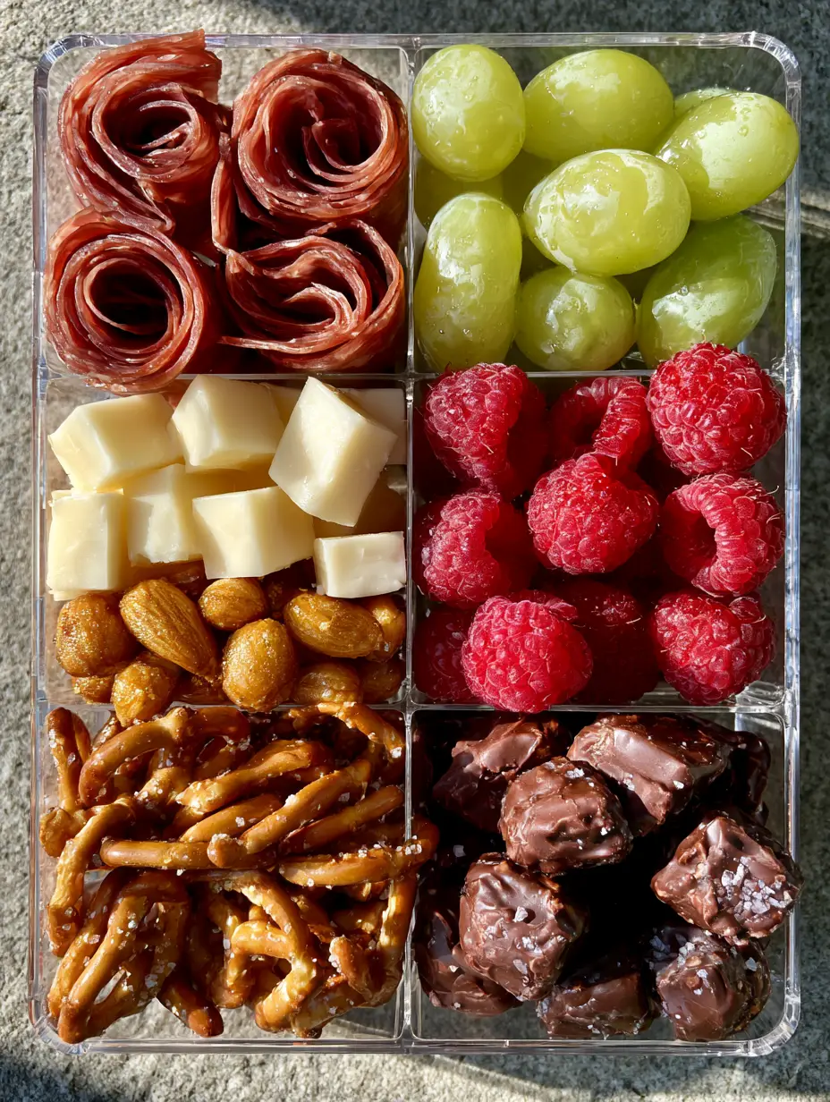 Snackle Box Ideas: How to Build the Ultimate Portable Charcuterie Box 3 A multi-compartment acrylic organizer filled with meticulously arranged snacks like salami rosettes and sharp cheddar. (snackle box ideas)
