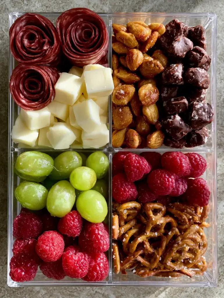 Snackle Box Ideas: How to Build the Ultimate Portable Charcuterie Box 1 Close up of salami rosettes and salted pretzels in a clear snack box under bright natural sunlight.