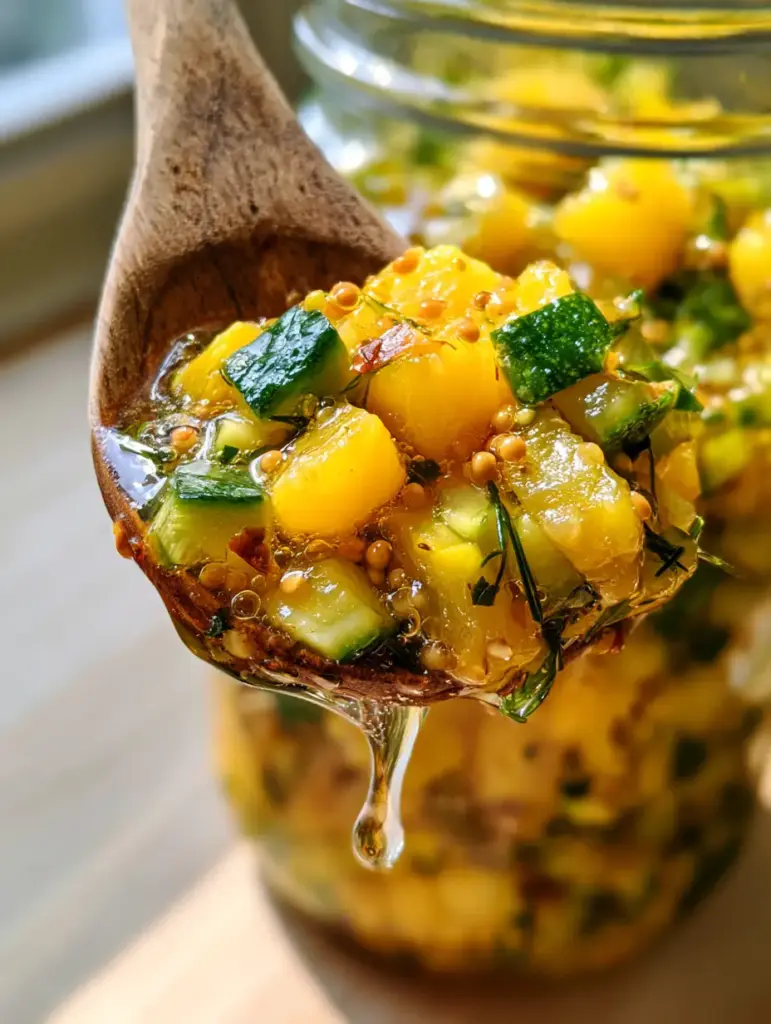 Fermented Summer Squash Relish with Zucchini and Fresh Dill 2 Extreme macro side-view of a vintage glass mason jar showing tiny effervescent bubbles in a clear brine with diced squash and dill. (fermented summer squash relish)