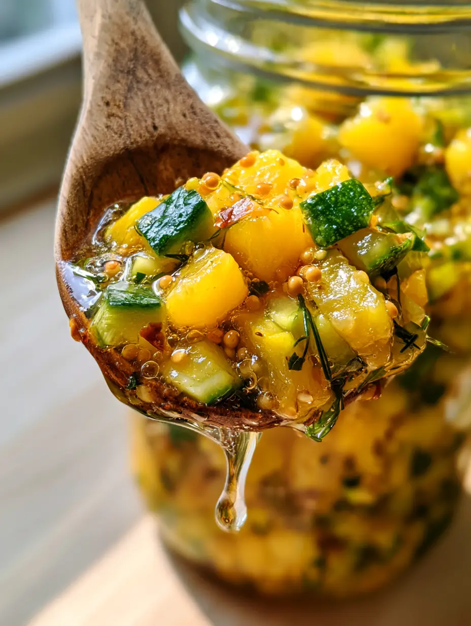 Fermented Summer Squash Relish with Zucchini and Fresh Dill 3 Extreme macro side-view of a vintage glass mason jar showing tiny effervescent bubbles in a clear brine with diced squash and dill. (fermented summer squash relish)